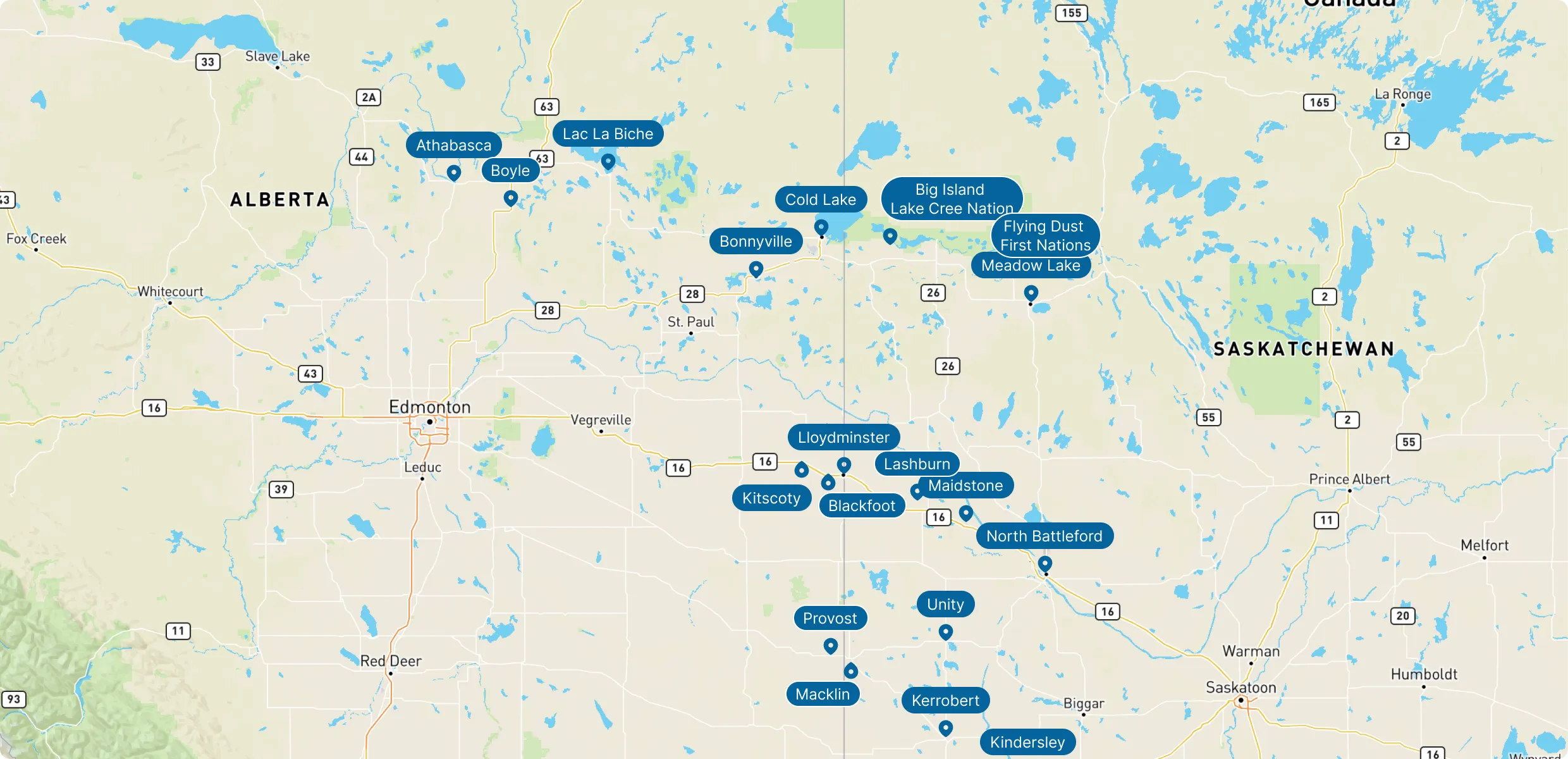 Map showing pins on cities including Lloydminster, AB/SK, Cold Lake, AB. North Battleford, SK. Bonnyville, AB. Meadow Lake, SK. Kindersley, SK. Battleford, SK. Athabasca, AB. Lac La Biche, AB. Unity, SK, Provost, AB. Big Island Lake Cree Nation, SK. Macklin, SK. Blackfoot, AB. Wilkie, SK. Lashburn, SK. Maidstone, SK. Flying Dust First Nations, SK. Kerrobert, SK. Kitscoty, AB. and Boyle, A