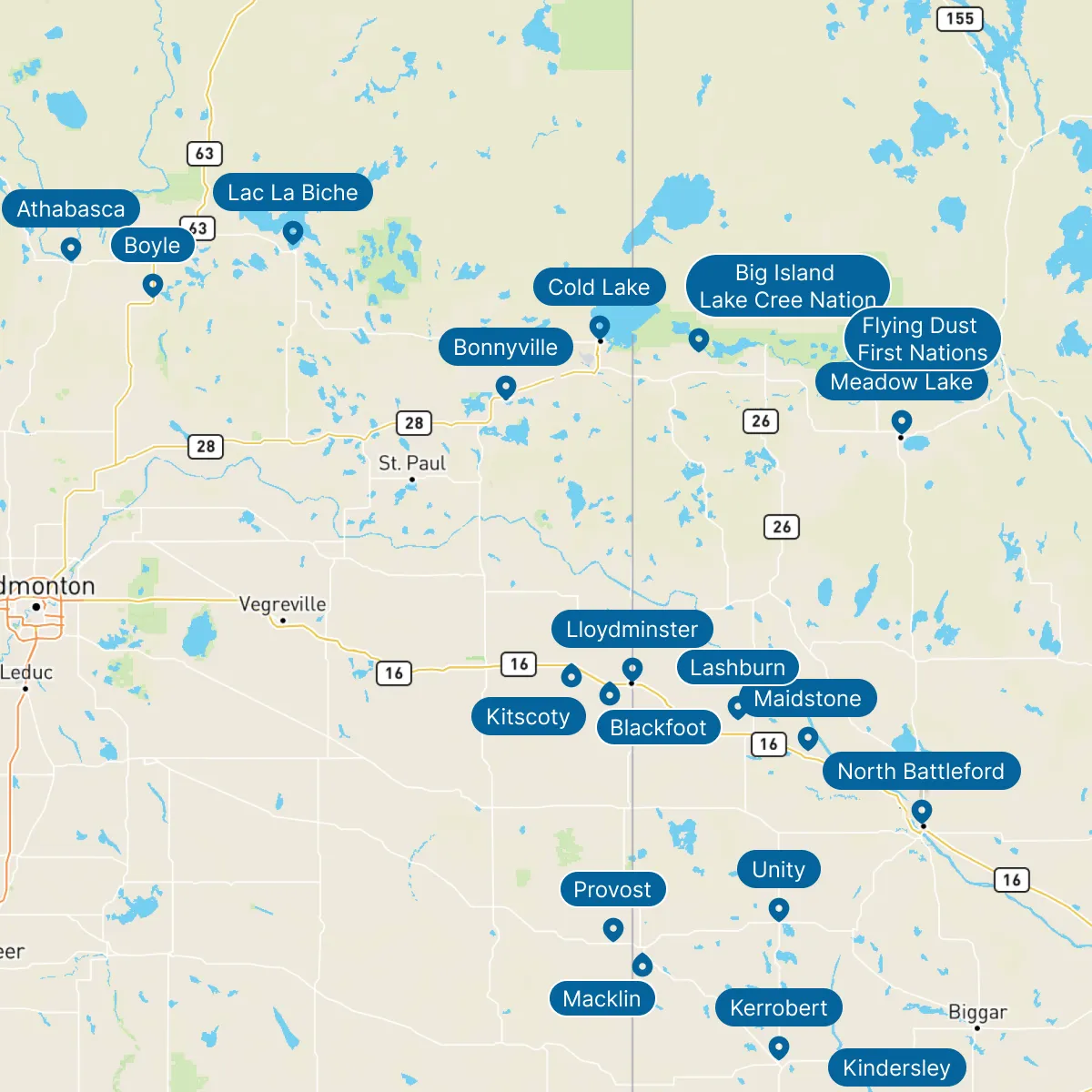 Map showing pins on cities including Lloydminster, AB/SK, Cold Lake, AB. North Battleford, SK. Bonnyville, AB. Meadow Lake, SK. Kindersley, SK. Battleford, SK. Athabasca, AB. Lac La Biche, AB. Unity, SK, Provost, AB. Big Island Lake Cree Nation, SK. Macklin, SK. Blackfoot, AB. Wilkie, SK. Lashburn, SK. Maidstone, SK. Flying Dust First Nations, SK. Kerrobert, SK. Kitscoty, AB. and Boyle, A
